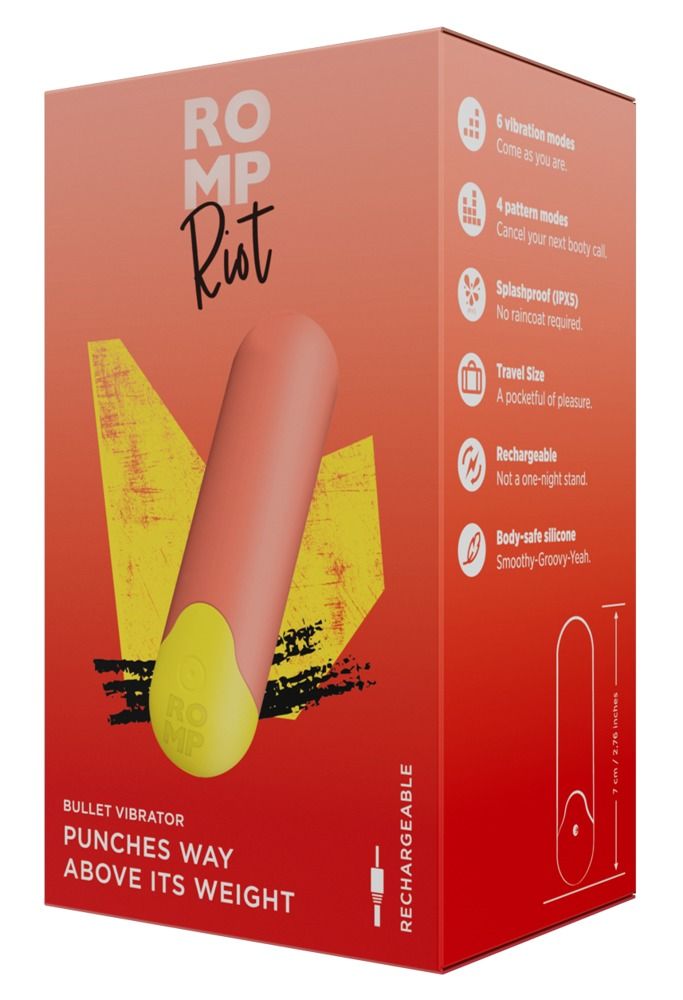Orangefarbener Mini-Vibrator in Verpackung. Aufschrift: RO MP Riot. Merkmale: 6 Modi, 4 Muster, wasserdicht, wiederaufladbar, silikonfrei.