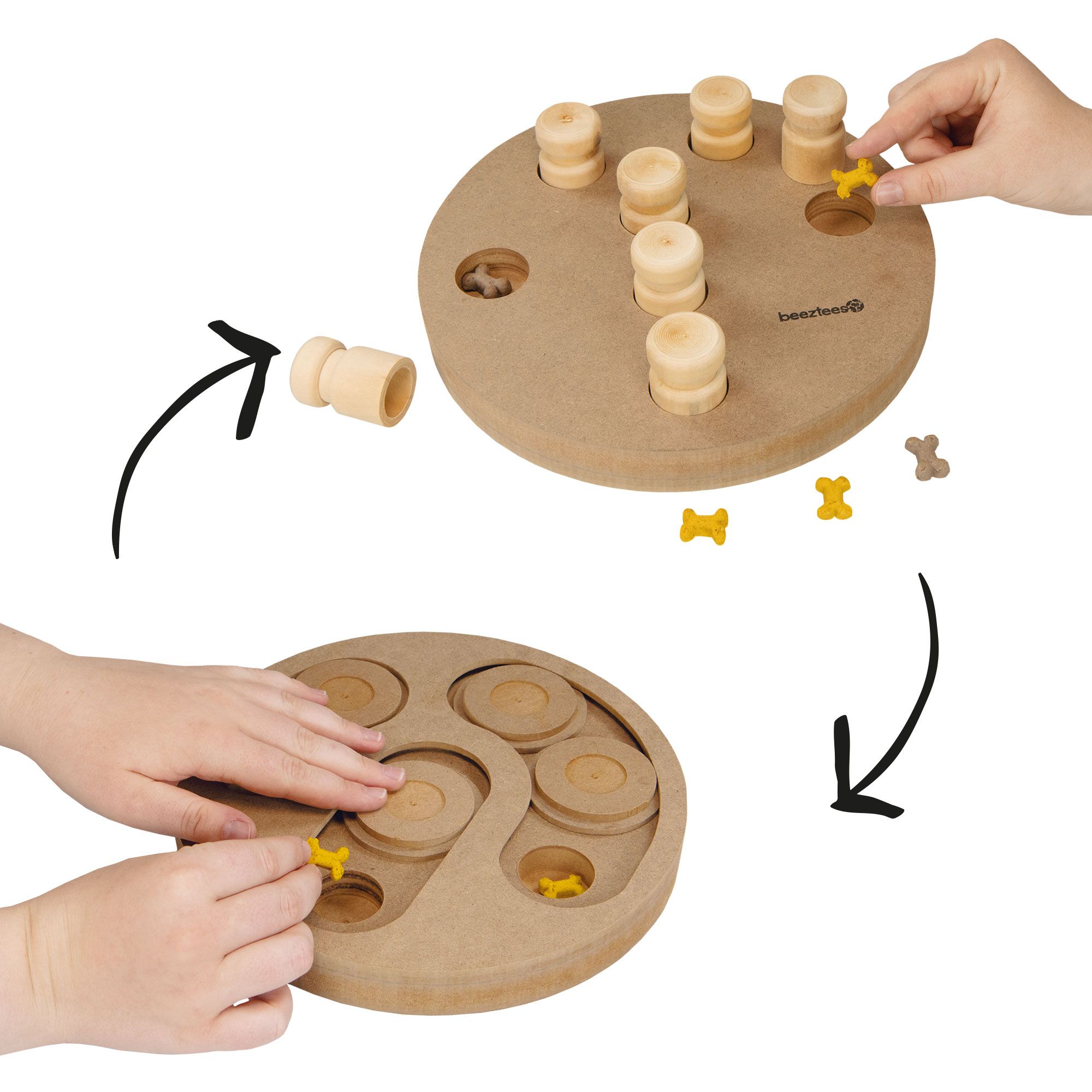 Rundes Holzspielzeug mit Stiften und Knochen. Zwei Hände interagieren. Marke Beeztees.