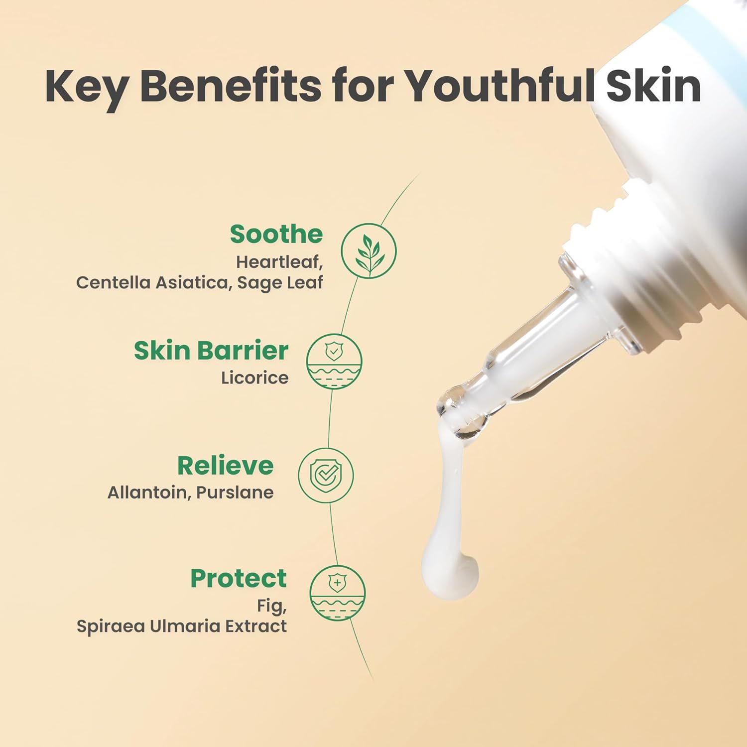 Grafik mit Produktbestandteilen. Soothe, Skin Barrier, Relieve, Protect. Inhaltsstoffe sind aufgelistet.