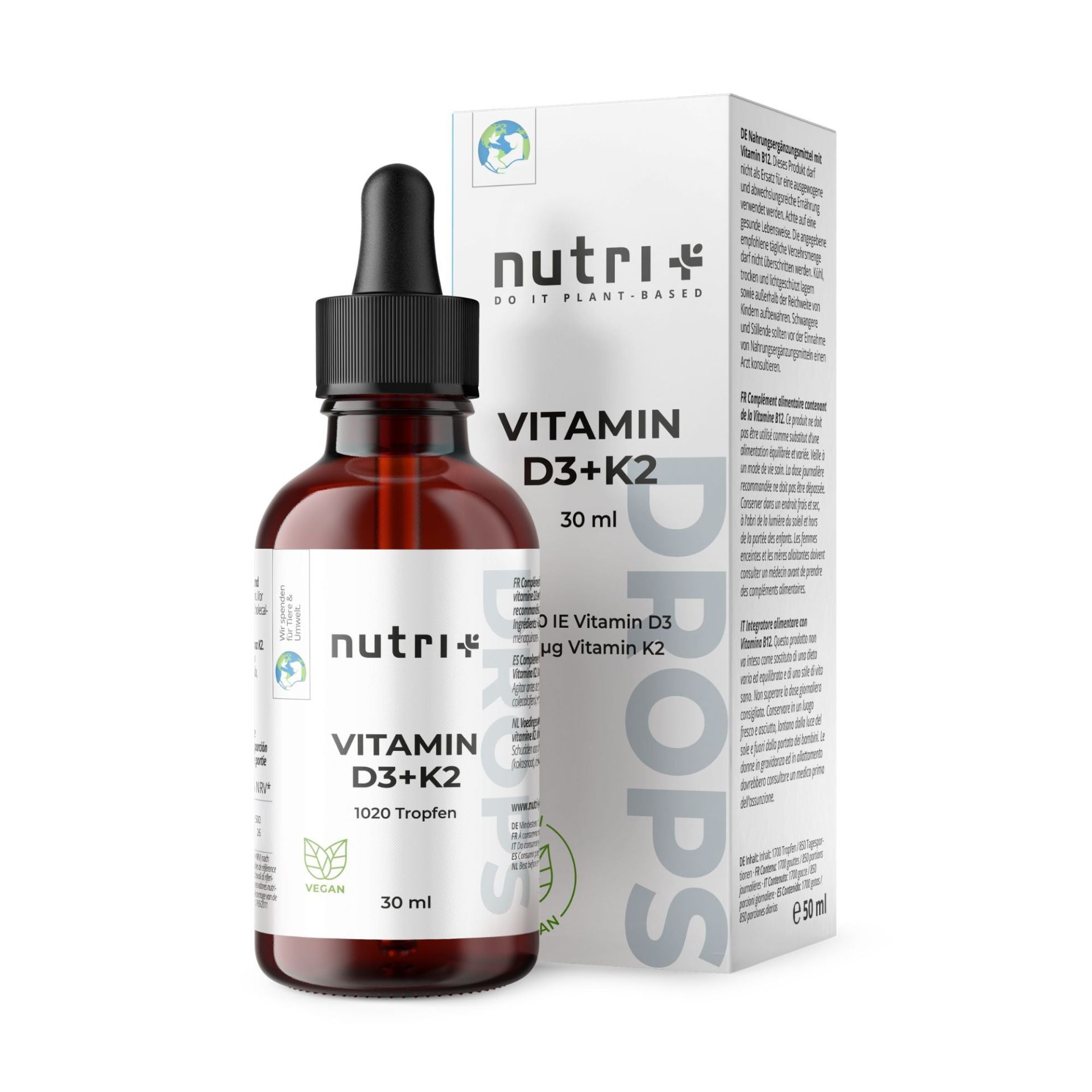 Braune Tropfenflasche mit schwarzem Verschluss und Karton. Aufschrift: Vitamin D3+K2, 30 ml, 1000 Tropfen. Marke: nutri+.