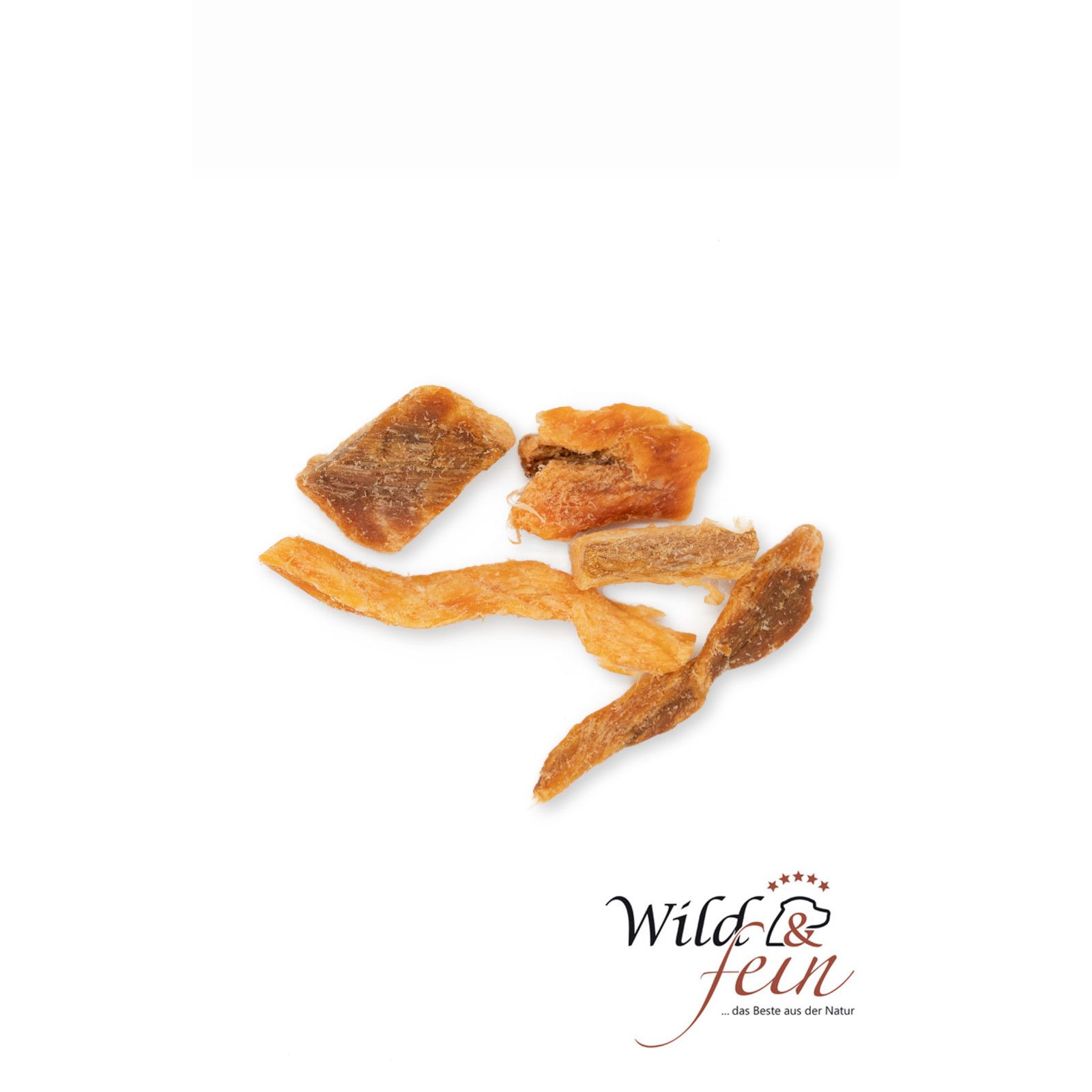 Gefriergetrocknete Lachsfilet-Stücke. Aufschrift: Wild & Fein.