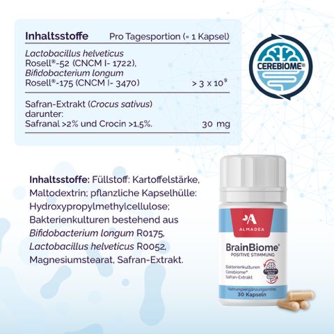 Almadea BrainBiome, Kapseln und Inhaltsstoff-Tabelle. Tabelle mit Inhaltsstoffen, Dosierung und Informationen zu den Inhaltsstoffen. Flasche mit Kapseln.