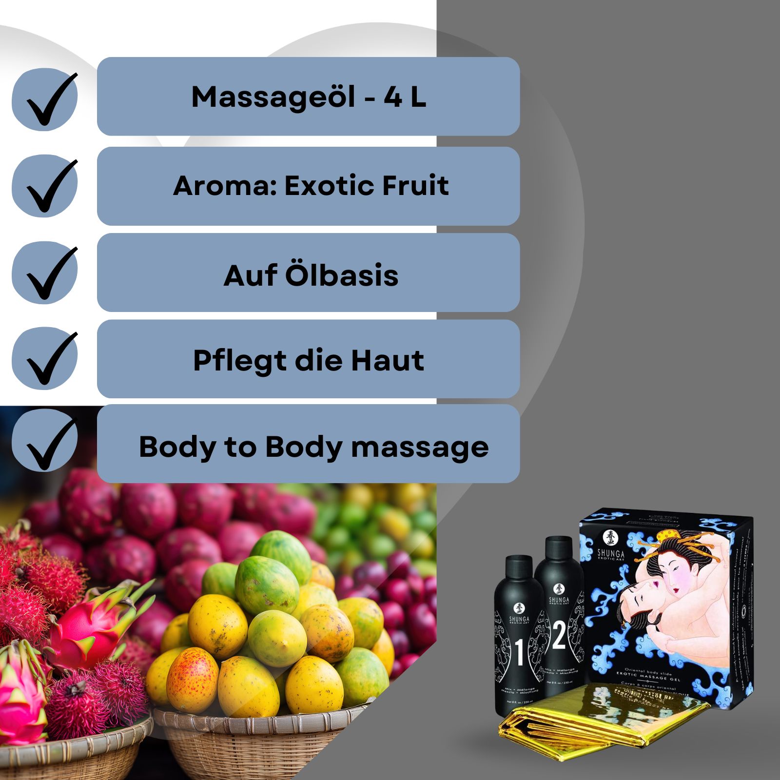 Produkt-Set mit zwei Flaschen, einer Schachtel und goldfarbener Folie. Text: Massageöl, Aroma Exotic Fruits, Auf Ölbasis, Pflegt die Haut, Body to Body massage.