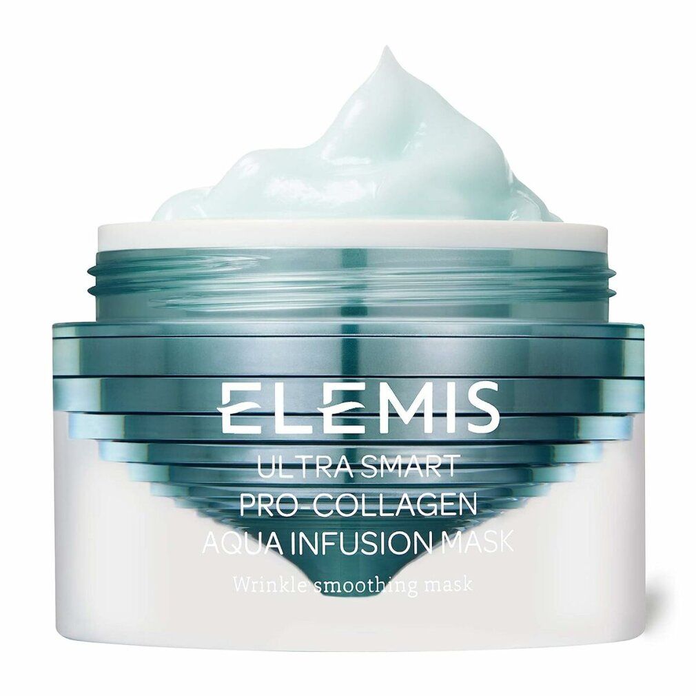 Tiegel mit blauer Creme. Aufschrift: Elemis Ultra Smart Pro-Collagen Aqua Infusion Mask. Falten glättende Maske.