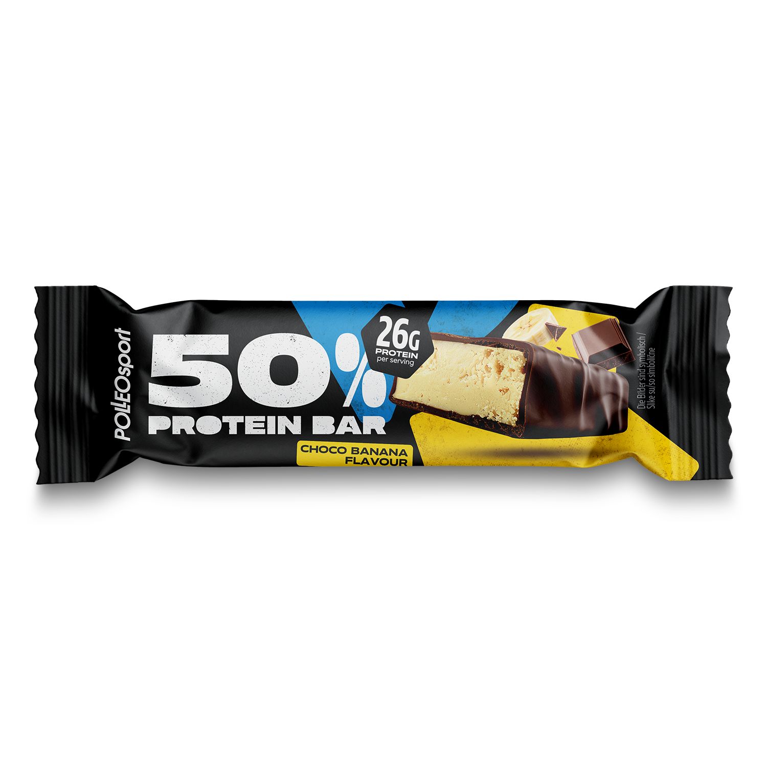 Proteinriegel mit 50% Protein. Aufdruck: 26g Protein, Choco Banana flavour. Schwarze Verpackung.