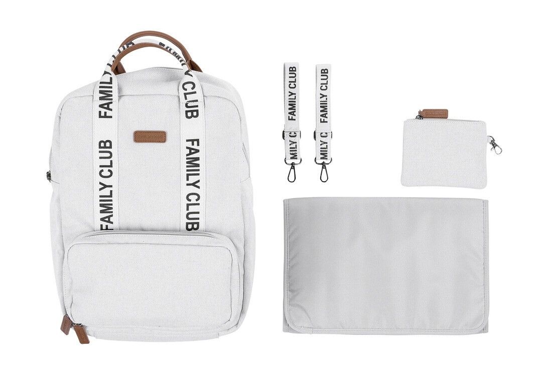 Wickelrucksack, weiß. Mit Trägern und Schriftzug FAMILY CLUB. Inkl. Wickelunterlage, Tasche und zwei Anhängern.