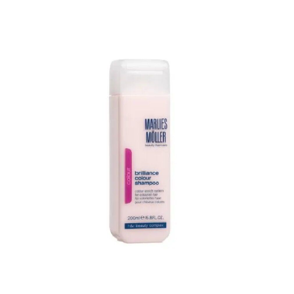 Rosa Shampoo-Flasche mit weißem Deckel. Aufschrift: Marlies Möller, Colour Brilliance Shampoo. 200ml/6.8FL.OZ.