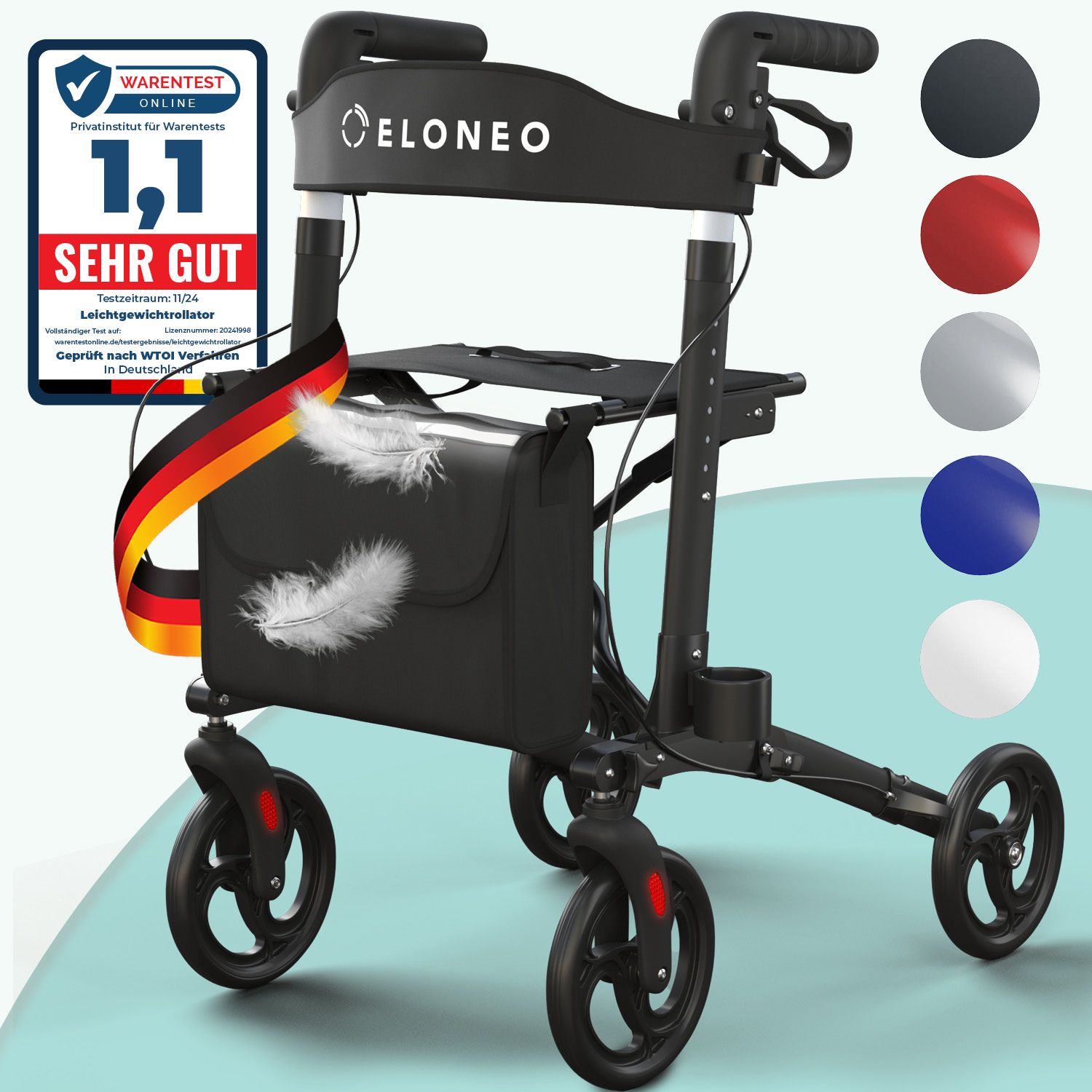 Schwarzer Rollator mit ELONEO-Logo, Tasche, vier Rädern und Farbauswahl. Auszeichnung "SEHR GUT".
