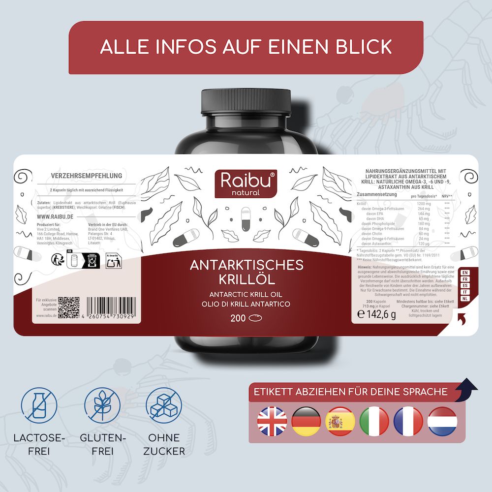 Braune Flasche mit Kapseln. Etikett mit Produktinformationen. Enthält Informationen zu Inhaltsstoffen und Nährwerten.
