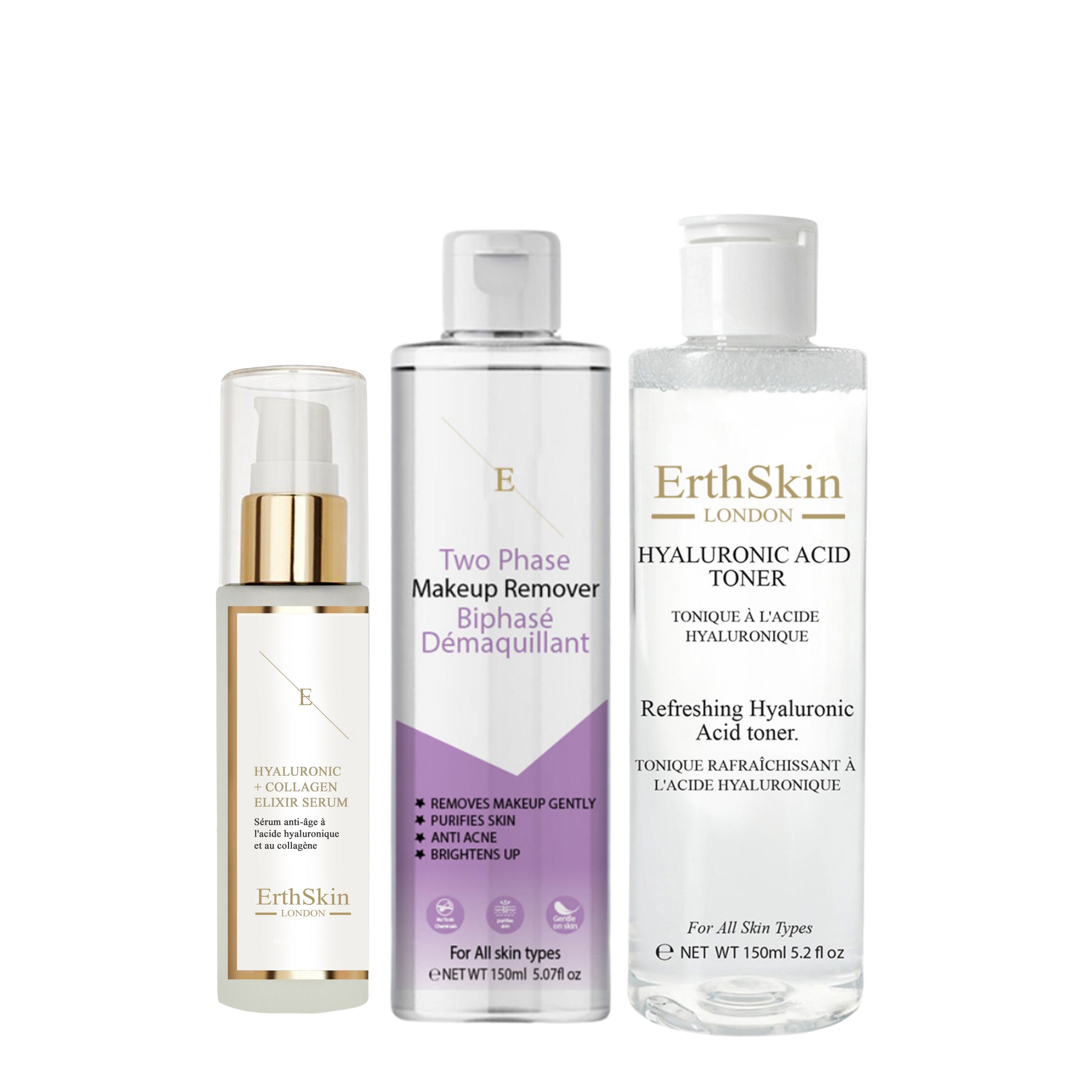 ErthSkin London Zweiphasen-Make-up-Entferner + Hyaluronsäure-Toner + Kollagenserum
