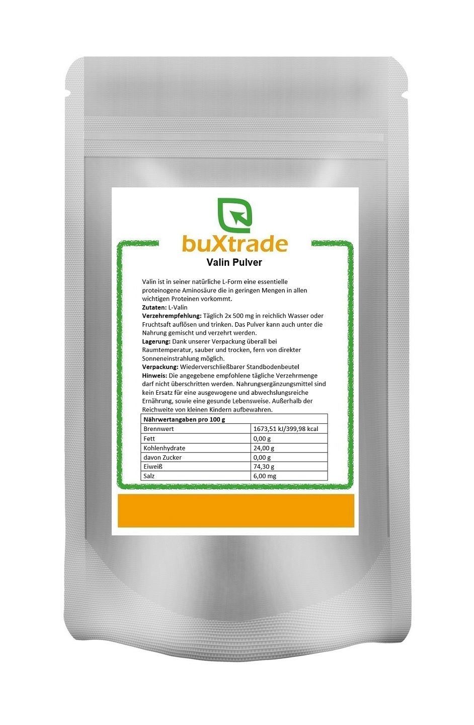 Beutel mit Produktinformationen. Aufschrift: buXtrade Valin Pulver. Enthält Nährwertangaben. Standbodenbeutel.