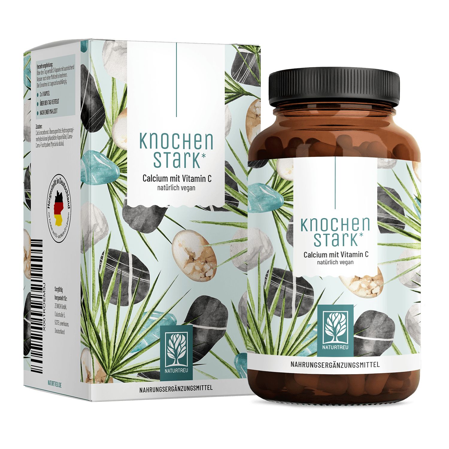 NATURTREU Knochenstark Kapseln mit Vitamin C in Braunglasflasche und Faltschachtel.