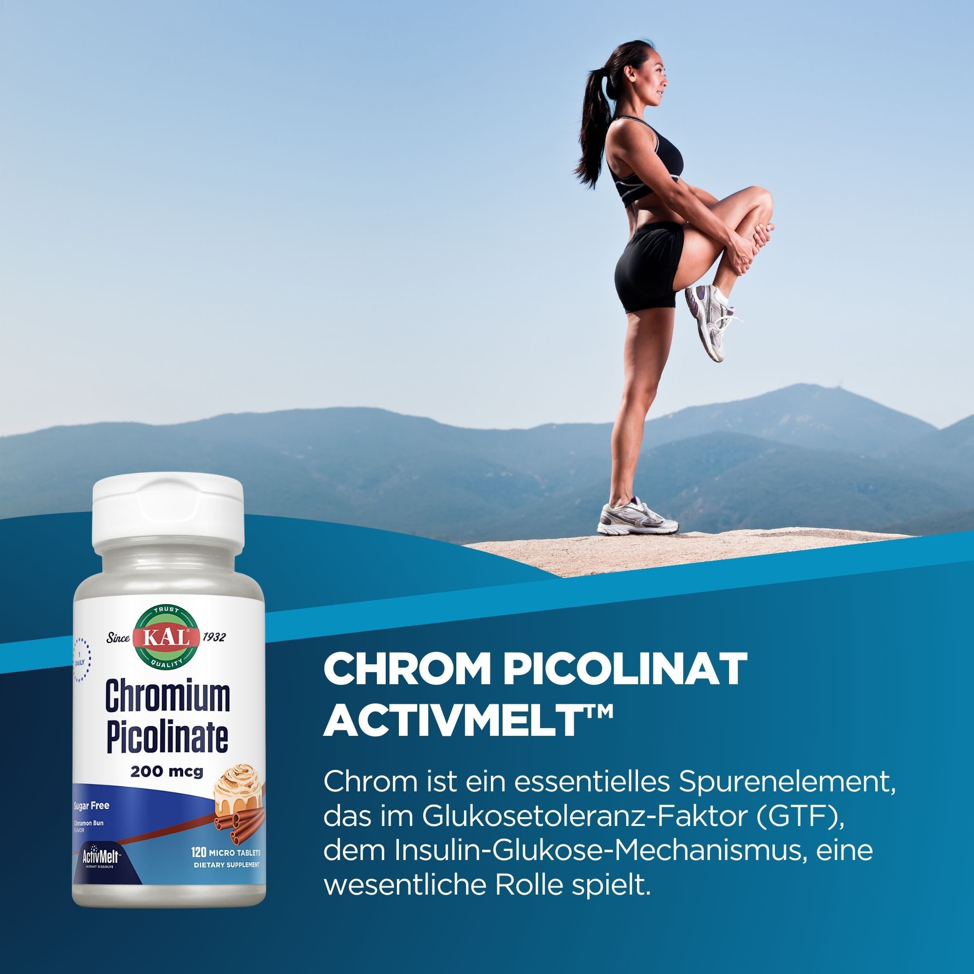 Eine Flasche KAL Chrom Picolinat 200 mcg ActivMelt. Eine Frau dehnt sich im Hintergrund. Blaue und grüne Landschaft.