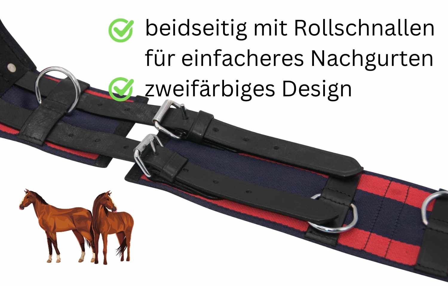 Nahaufnahme Longiergurt mit Rollschallen, zweifarbiges Design, mit zwei Pferden.