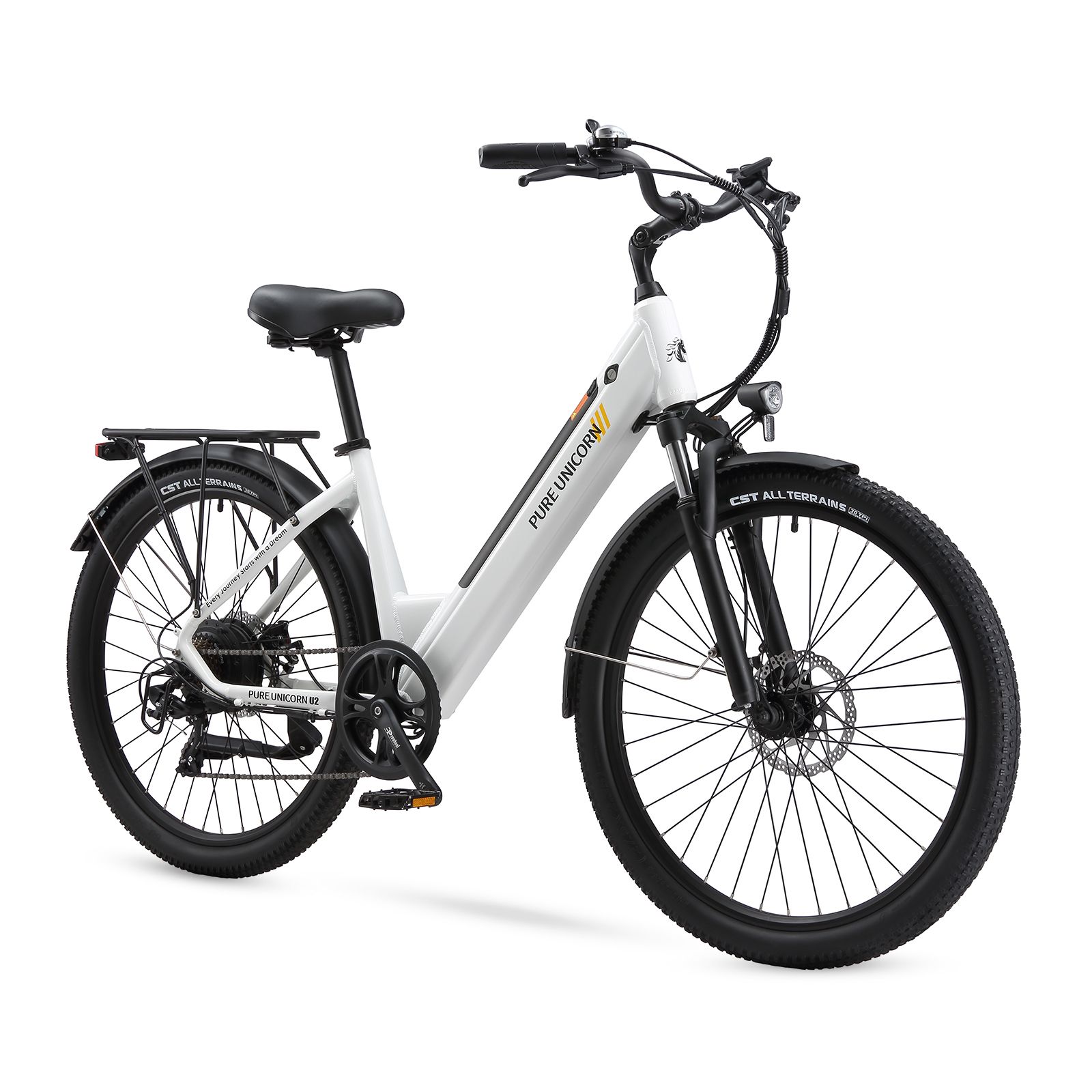 Weißes E-Bike mit schwarzen Reifen und Details. Marke: PURE UNICORN. Gepäckträger und Schutzbleche.