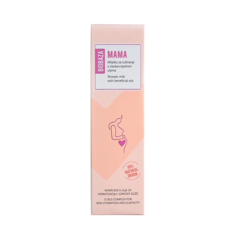 Rosa Verpackung mit Produktinformationen. Text: Mama, Duschmilch mit Ölen. Logo: Biobaza. 98% Natural Origin. Illustration einer schwangeren Frau.