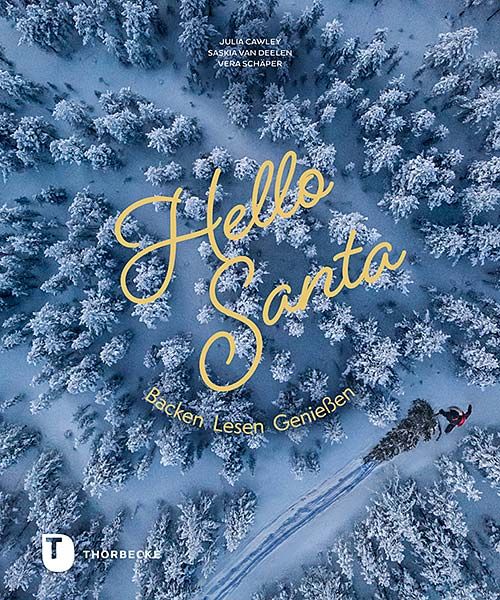 Buchcover mit dem Titel "Hello Santa" in goldener Schrift. Im Hintergrund verschneite Bäume. Autorennamen und Verlag Thorbecke.