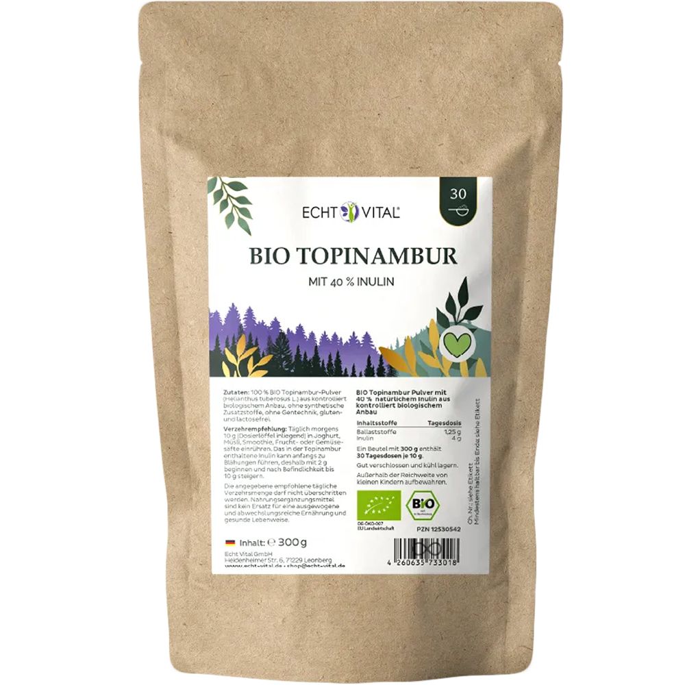 Braune Papiertüte mit Echt Vital Bio Topinambur Pulver, 300g Inhalt. Enthält Inulin und Bio-Siegel.