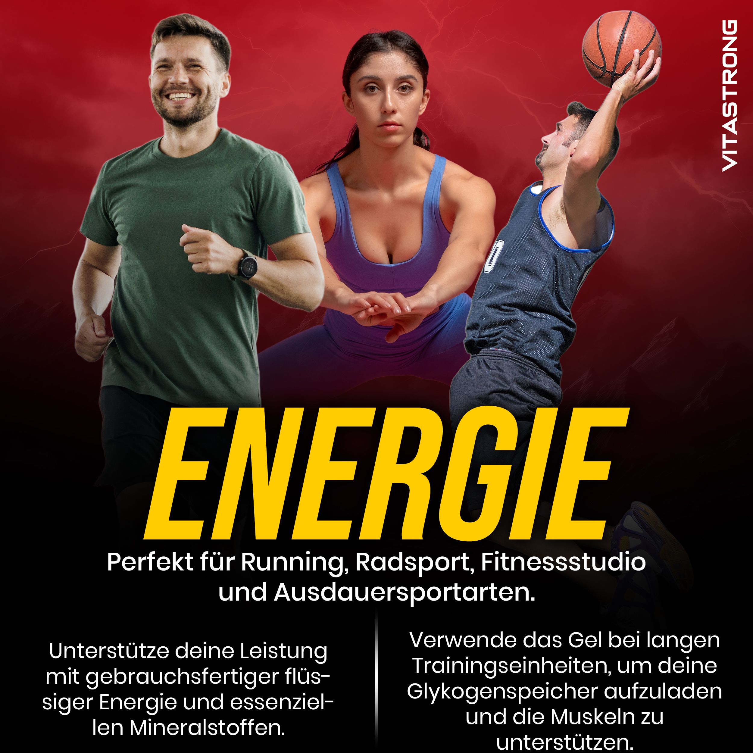 Vitastrong CARBO GEL 2:1. Sportler beim Training. Text: Energie. Perfekt für Ausdauersport. Flüssige Energie, Mineralstoffe.