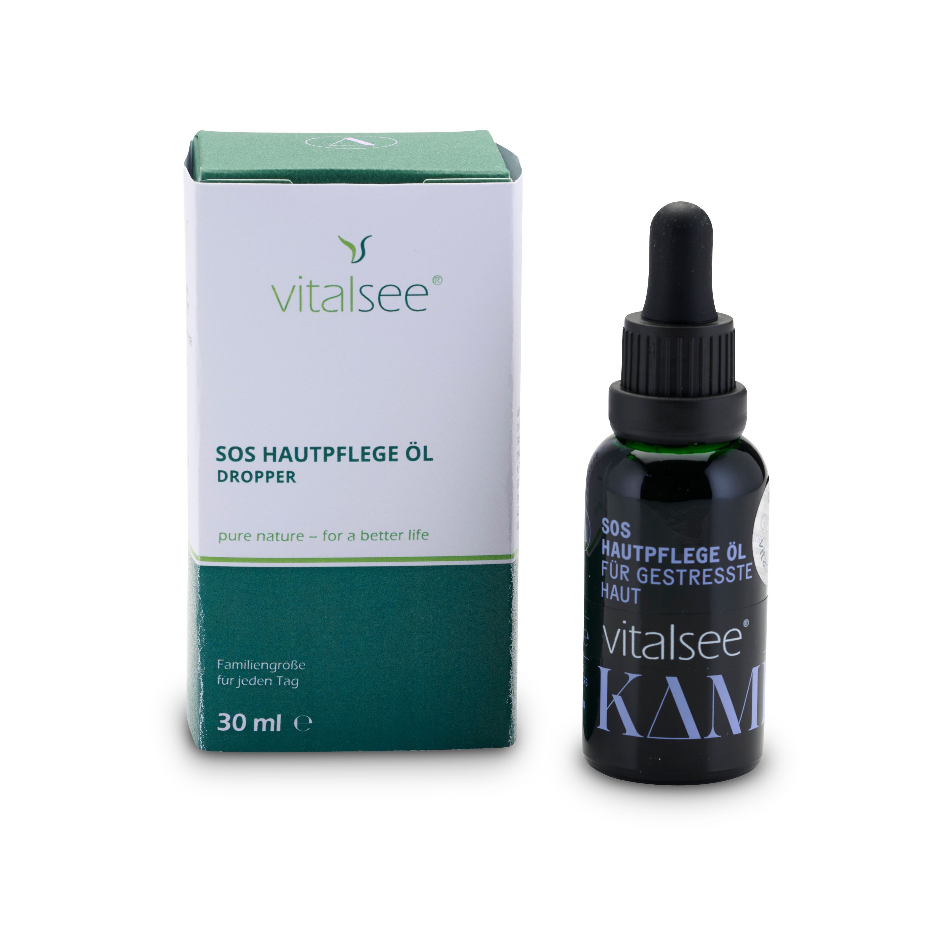 Dunkle Glasflasche mit Tropfer und Karton. Aufschrift: SOS Hautpflege Öl für gestresste Haut. Marke: vitalsee.