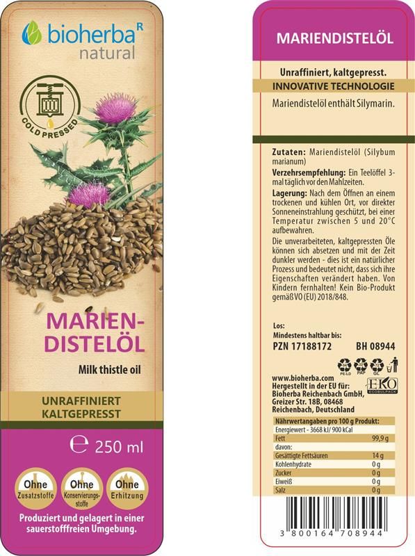 Produktverpackung mit Mariendistelöl-Etikett. Enthält Informationen zu Inhaltsstoffen, Lagerung und Nährwerten. Eko-Siegel.