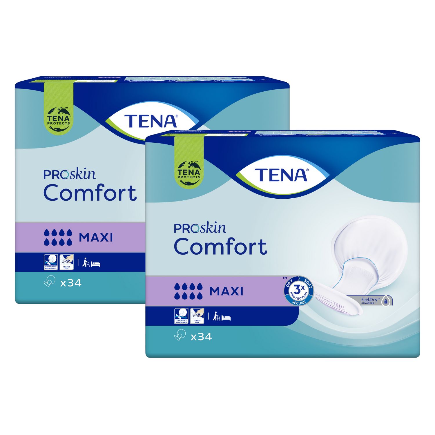 Zwei Packungen TENA ProSkin Comfort Maxi Einlagen, jede mit 34 Stück. Blaue und weiße Verpackung mit TENA-Logo.