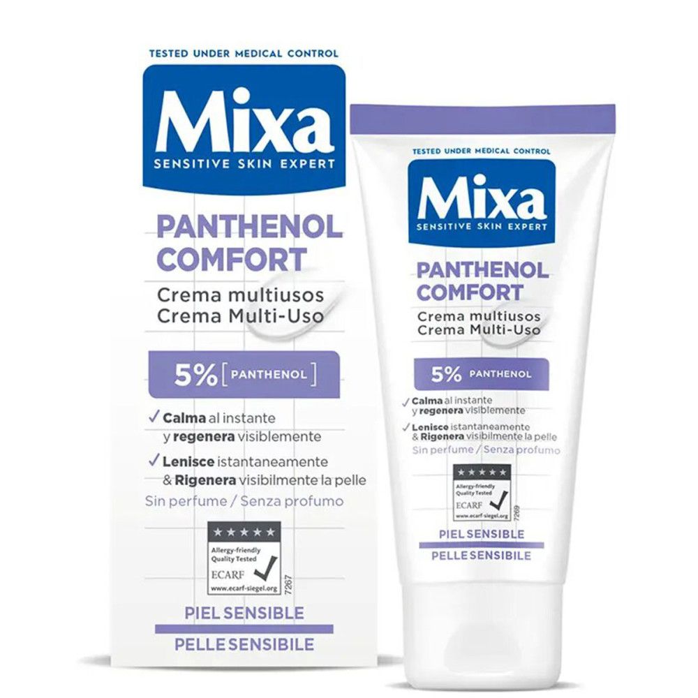 Verpackung und Tube Panthenol Comfort. Aufschrift: Mixa, Panthenol Comfort, 5% Panthenol. ECARF-Siegel.