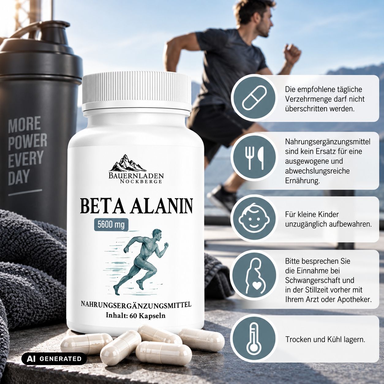 Beta Alanin Kapseln mit 5600 mg pro Portion. Nahrungsergänzungsmittel in weißer Dose mit 60 Kapseln.