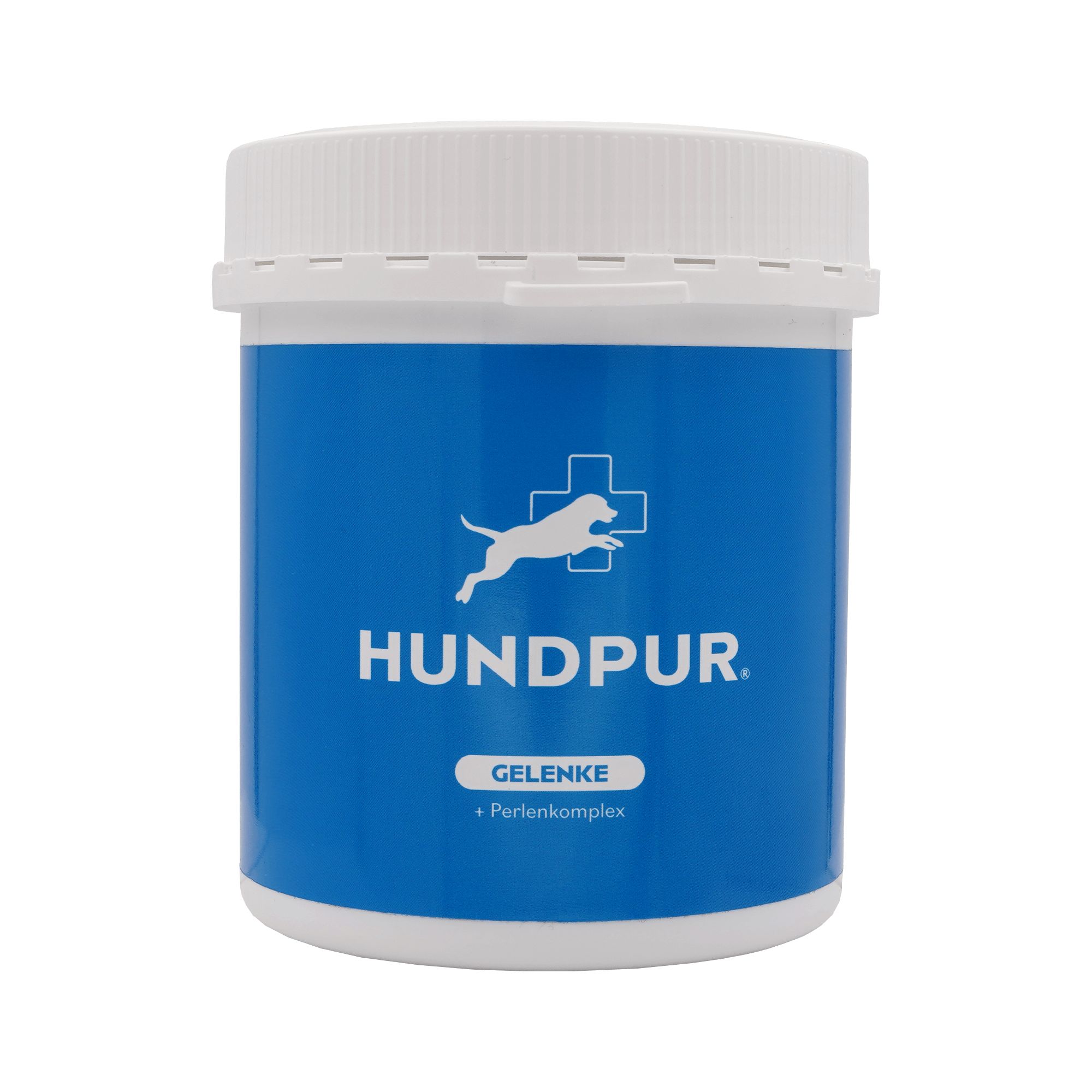 Blaue Dose mit weißem Deckel. Logo: "HUNDPUR". Text: "Gelenke + Perlenkomplex".