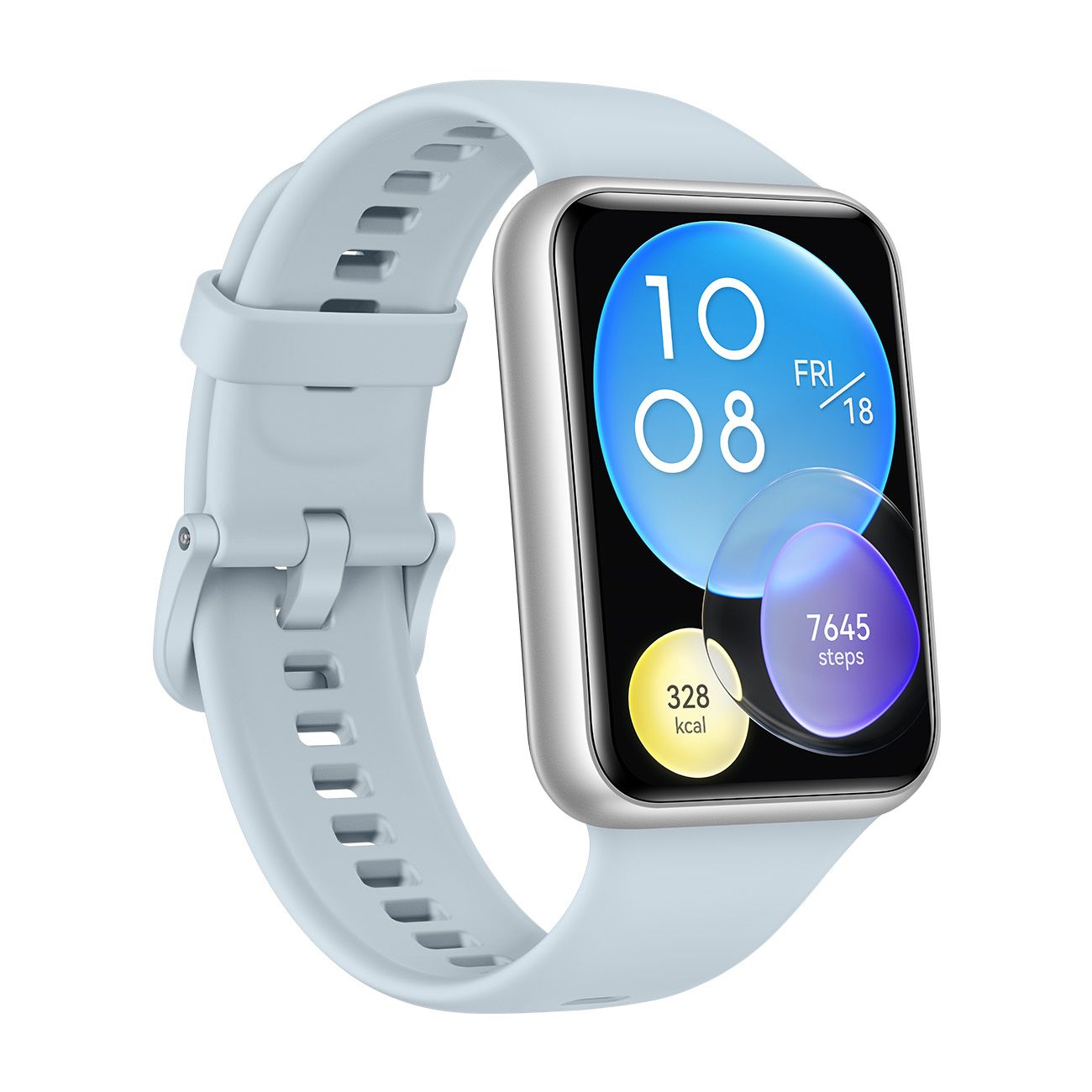 Hellblaue Smartwatch mit rechteckigem Display. Zeigt Uhrzeit, Datum, Kalorien und Schritte an. Silbern umrandet, hellblaues Armband.