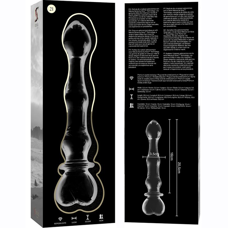 Verpackung und Dildo aus klarem Glas. Dildo mit Herzspitze und Maßen (20,5 cm Gesamtlänge, 16 cm Griff).