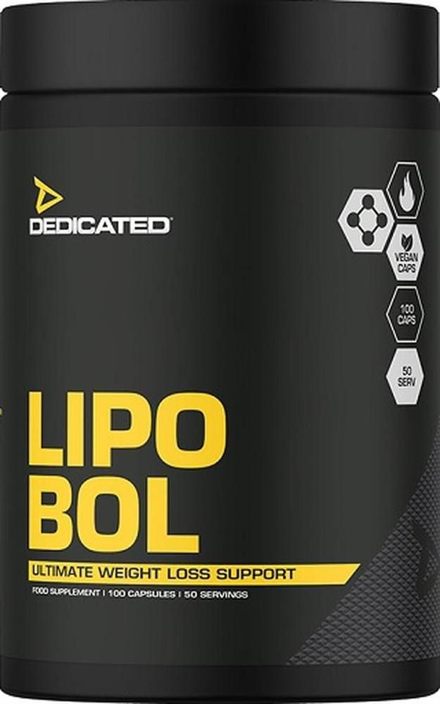 Schwarze Dose mit gelber Schrift. Aufschrift: DEDICATED LIPO BOL. Vegan Caps, 100 Caps, 50 Servings. Ultimate Weight Loss Support.