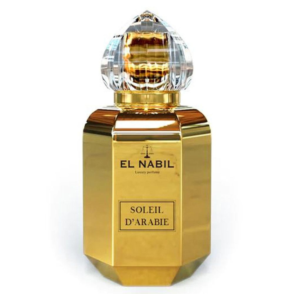 Goldfarbene Parfumflasche mit Kristallverschluss. Aufschrift: EL NABIL, SOLEIL D'ARABIE. Luxus-Parfüm.