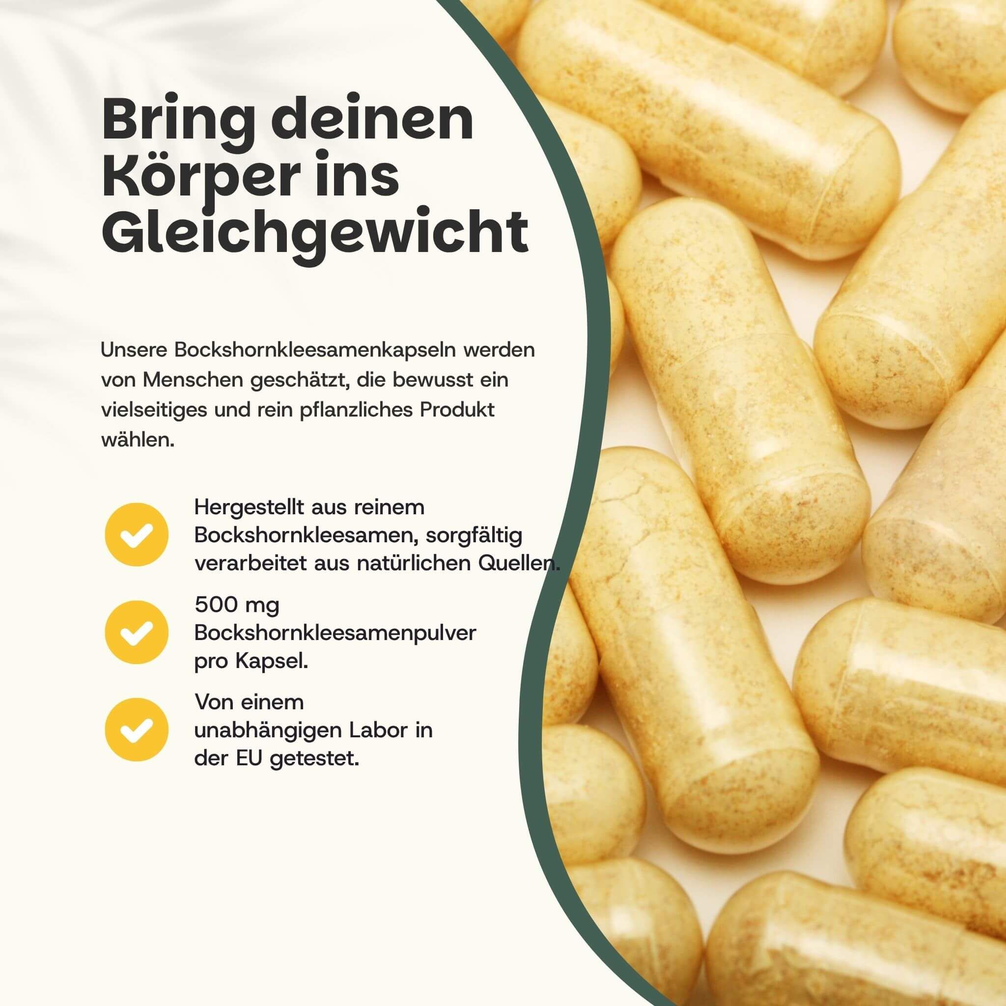 Kapseln. Text: Bockshornkleesamenkapseln. 500 mg Bockshornkleesamenpulver pro Kapsel.