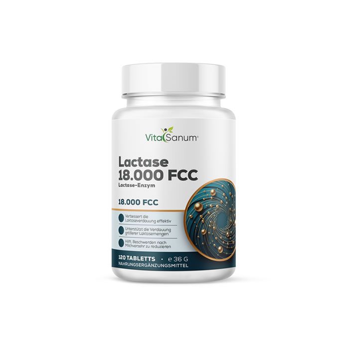 VitaSanum Lactase 18.000 FCC Flasche mit 120 Tabletten.