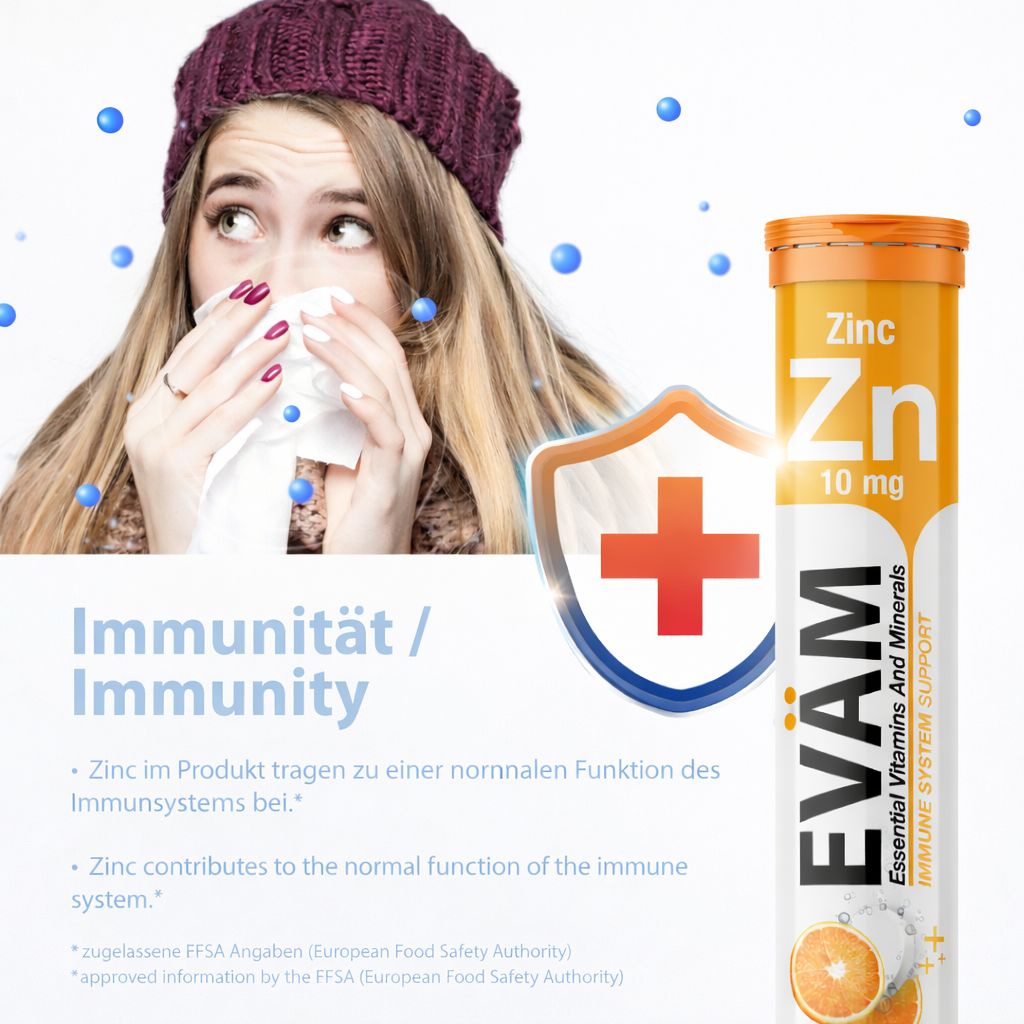 Frau mit Taschentuch, Zink-Brausetabletten-Tube und Schild mit Kreuz. Text: Immunität. Zink für Immunsystem.