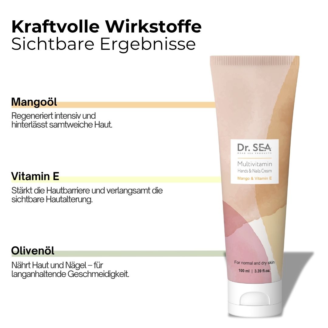 Creme-Tube. Aufschrift: Dr. SEA, Multivitamin, Hands & Nails Cream, Mango & Vitamin E. Text über Inhaltsstoffe: Mangoöl, Vitamin E, Olivenöl.