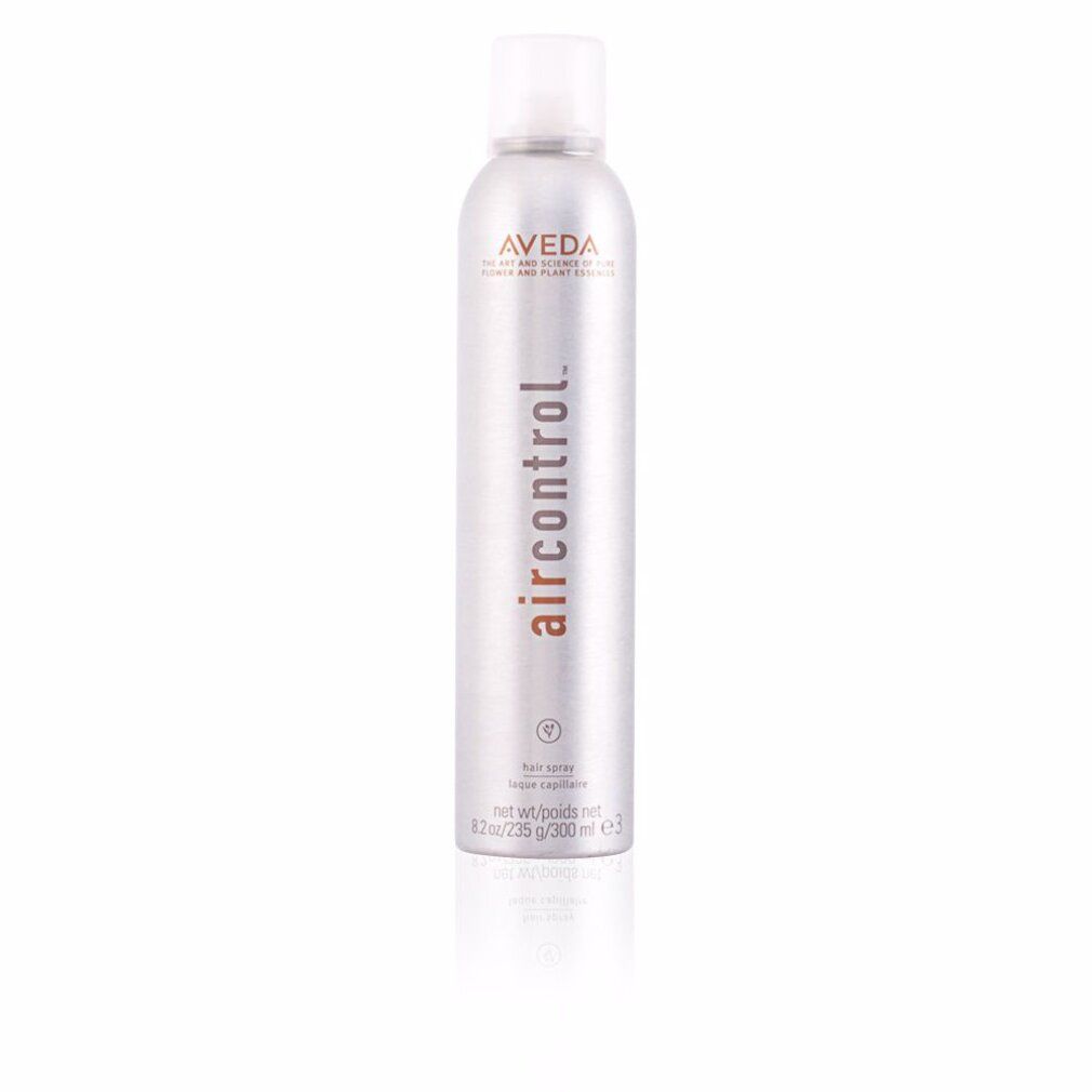 Silberne Haarspray-Dose mit weißem Deckel. Aufschrift: Aveda, air control. Text: hair spray, net wt. 8.2 oz/235 g/300 ml e.