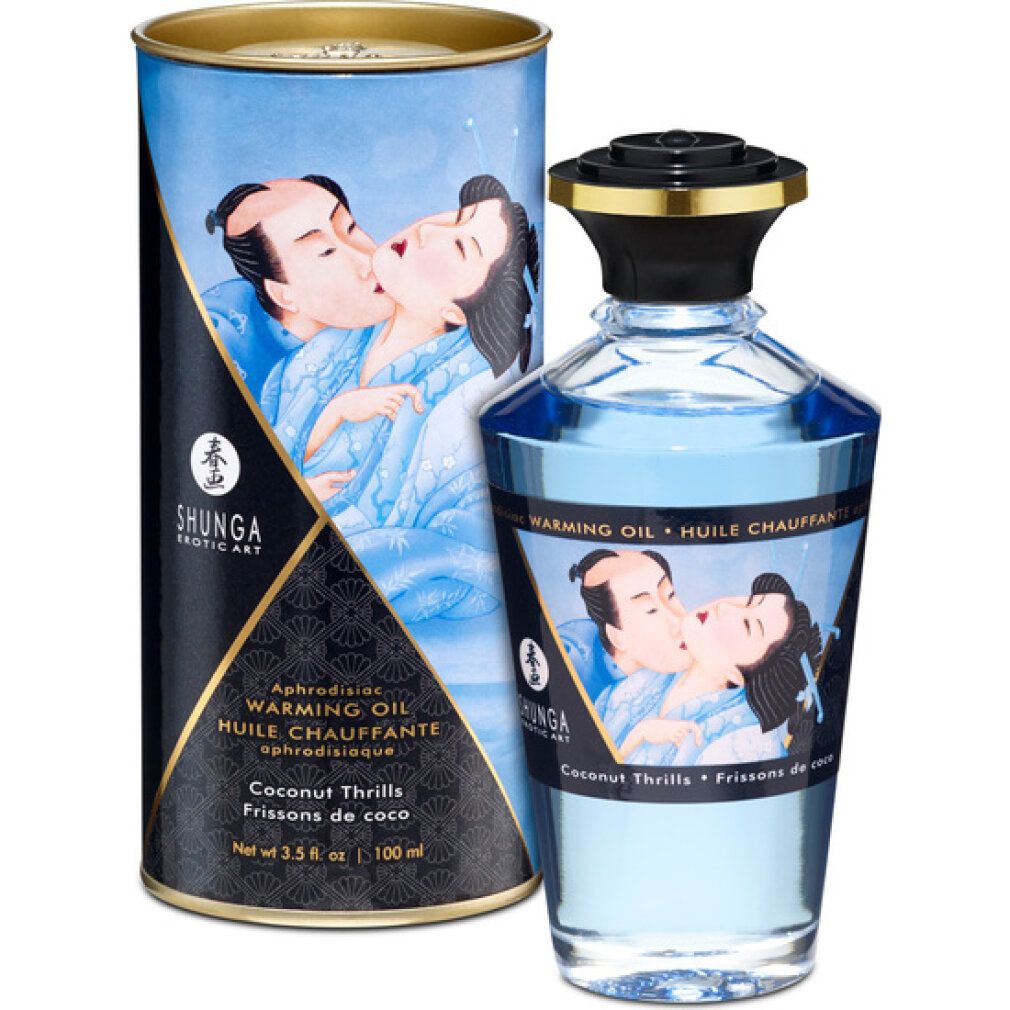 Shunga Warming Oil Flasche und Dose mit romantischem Motiv.