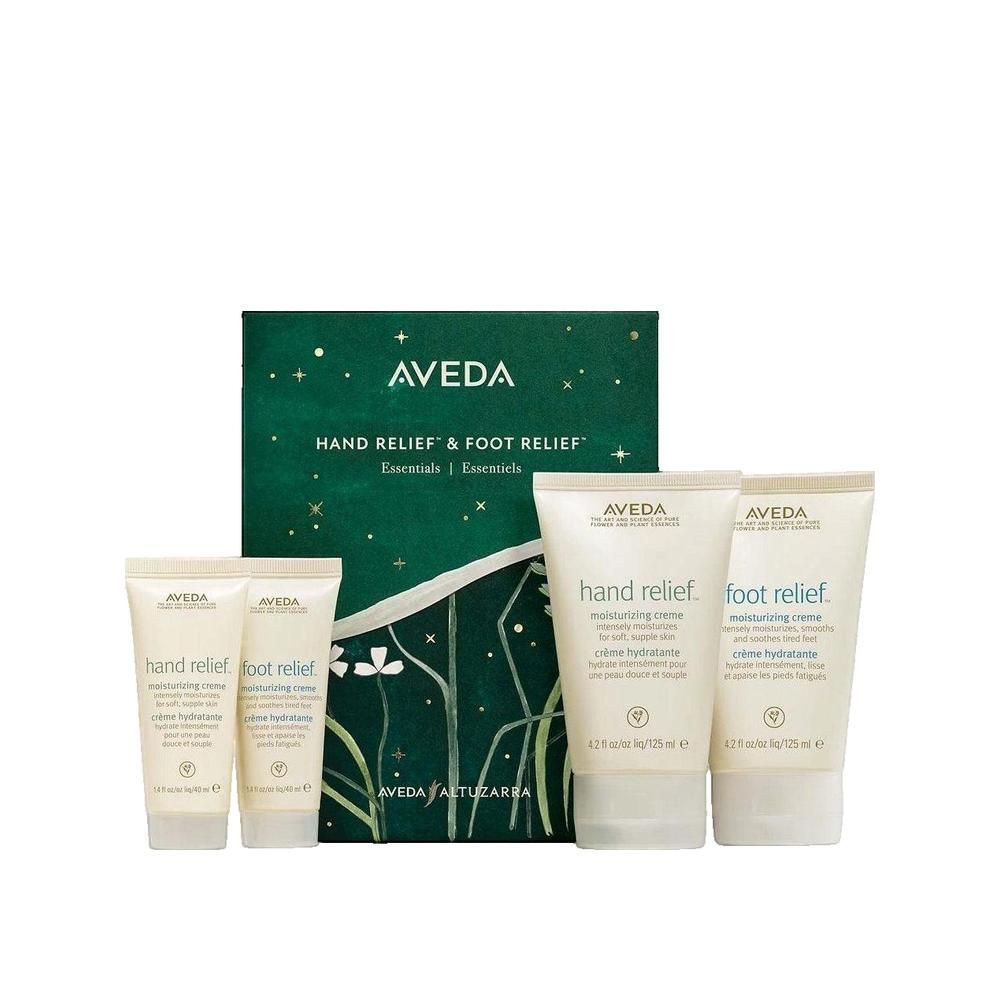 Aveda-Geschenkset mit Hand- und Fußcreme. Enthält Tuben mit Hand Relief und Foot Relief. Grüne Verpackung mit Logo.
