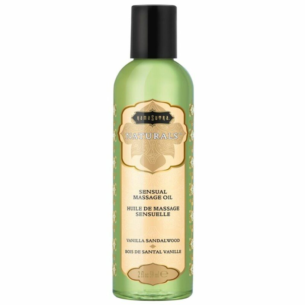 Grüne Flasche mit schwarzem Deckel. Aufschrift: Naturals, Sensual Massage Oil, Vanilla Sandelwood. Etikett mit floralem Muster.