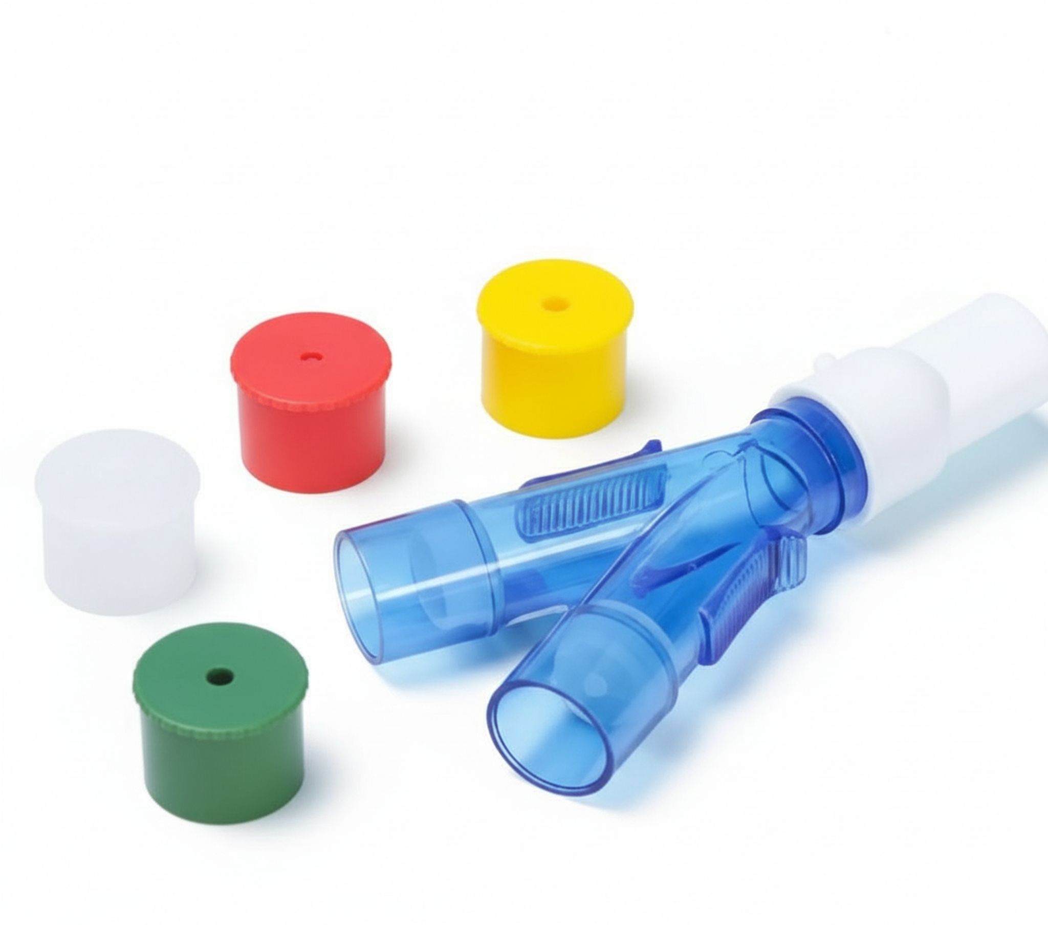 Blauer Y-förmiger Inhalator mit weißen, roten, gelben und grünen Kappen.