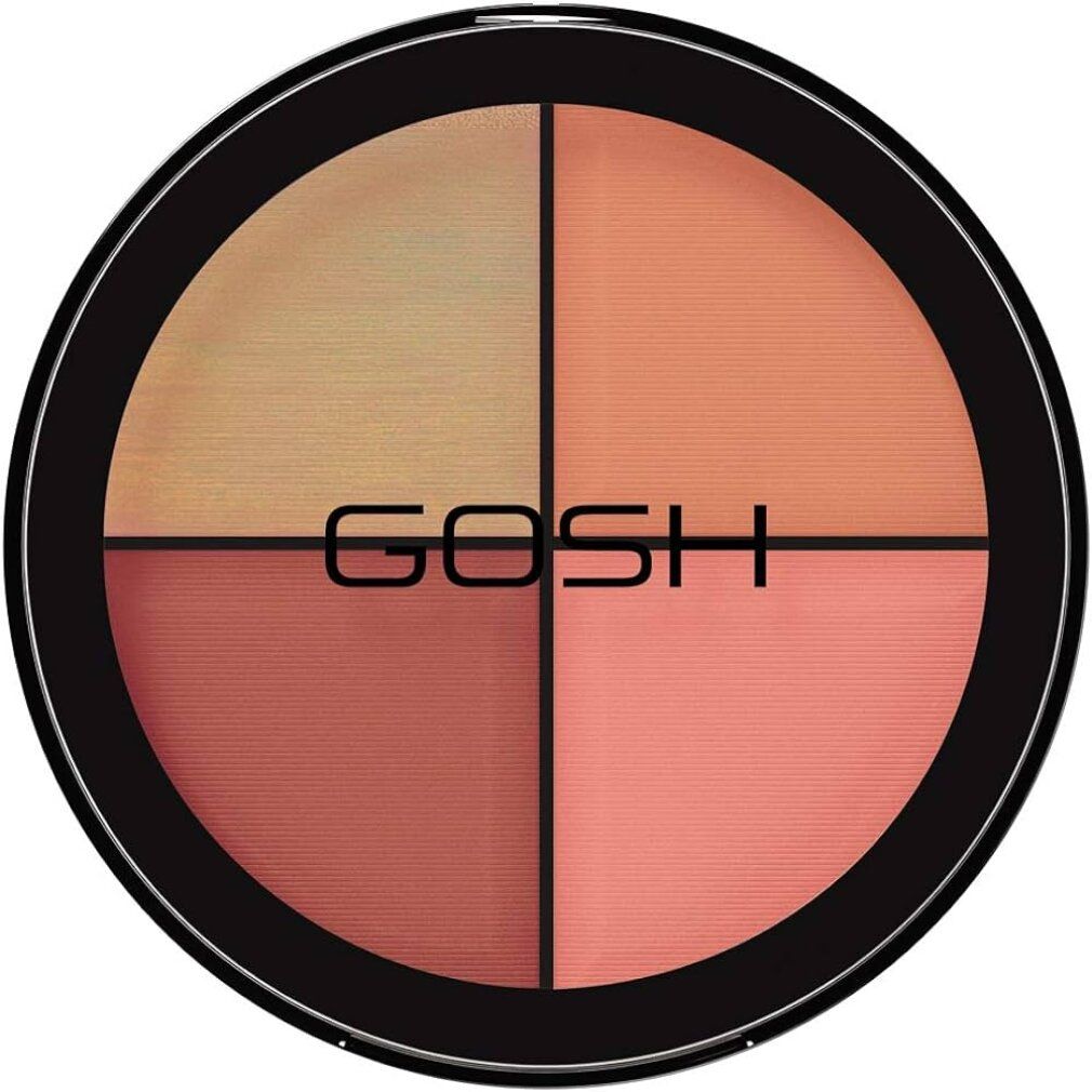 Runder Gosh Strobe'n Glow Illuminator Kit 002 Blush. Vier geteilte Segmente in Rosa- und Pfirsichtönen. Schwarzer Rahmen, GOSH-Logo.