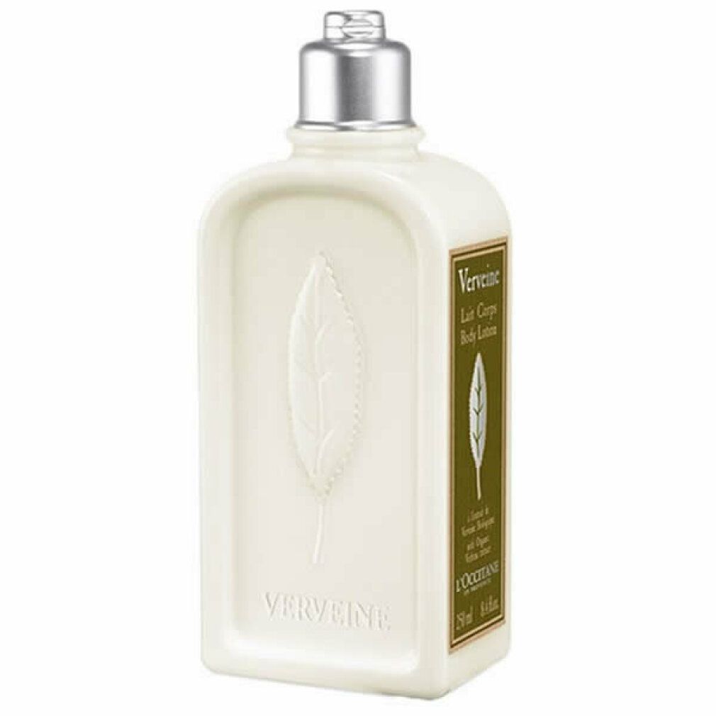 Weiße L'Occitane Körpermilch Flasche mit silbernem Verschluss und Blattprägung.