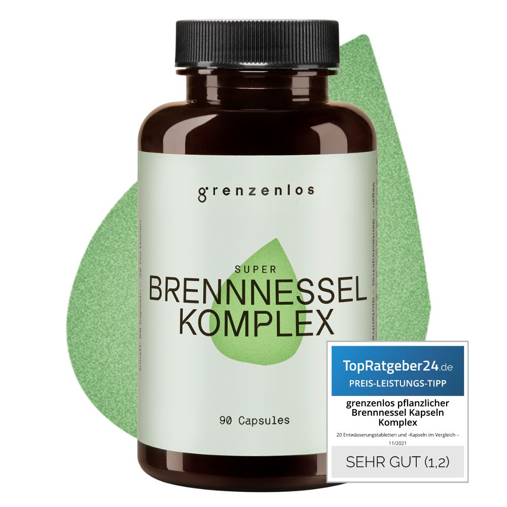 Braune Flasche mit schwarzen Deckel. Aufschrift: Super Brennnessel Komplex. 90 Kapseln. TopRater24.de Siegel.