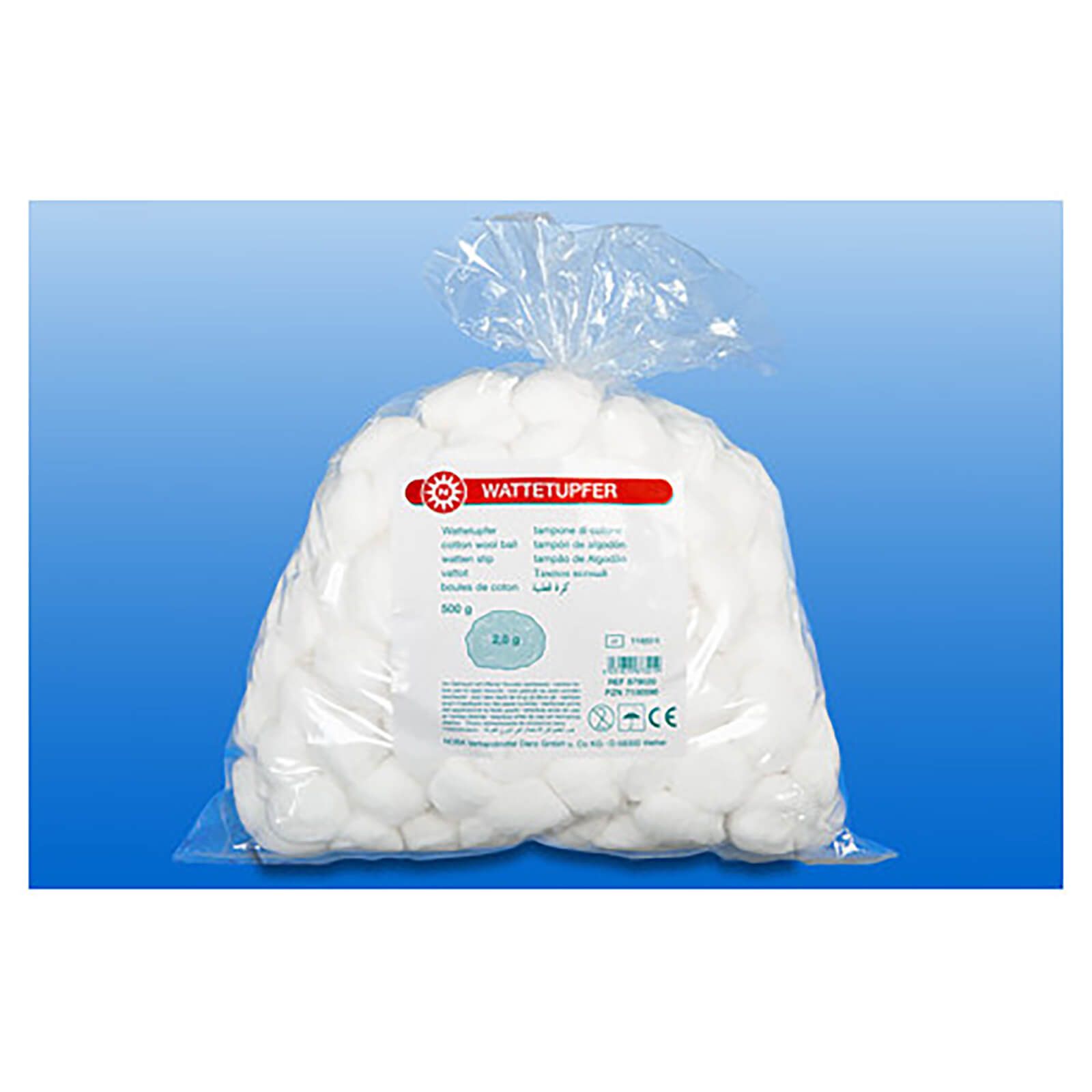 Beutel Watte, transparent verpackt. Aufschrift: Wattetupfer, 0,3 g. Mit CE-Kennzeichnung.