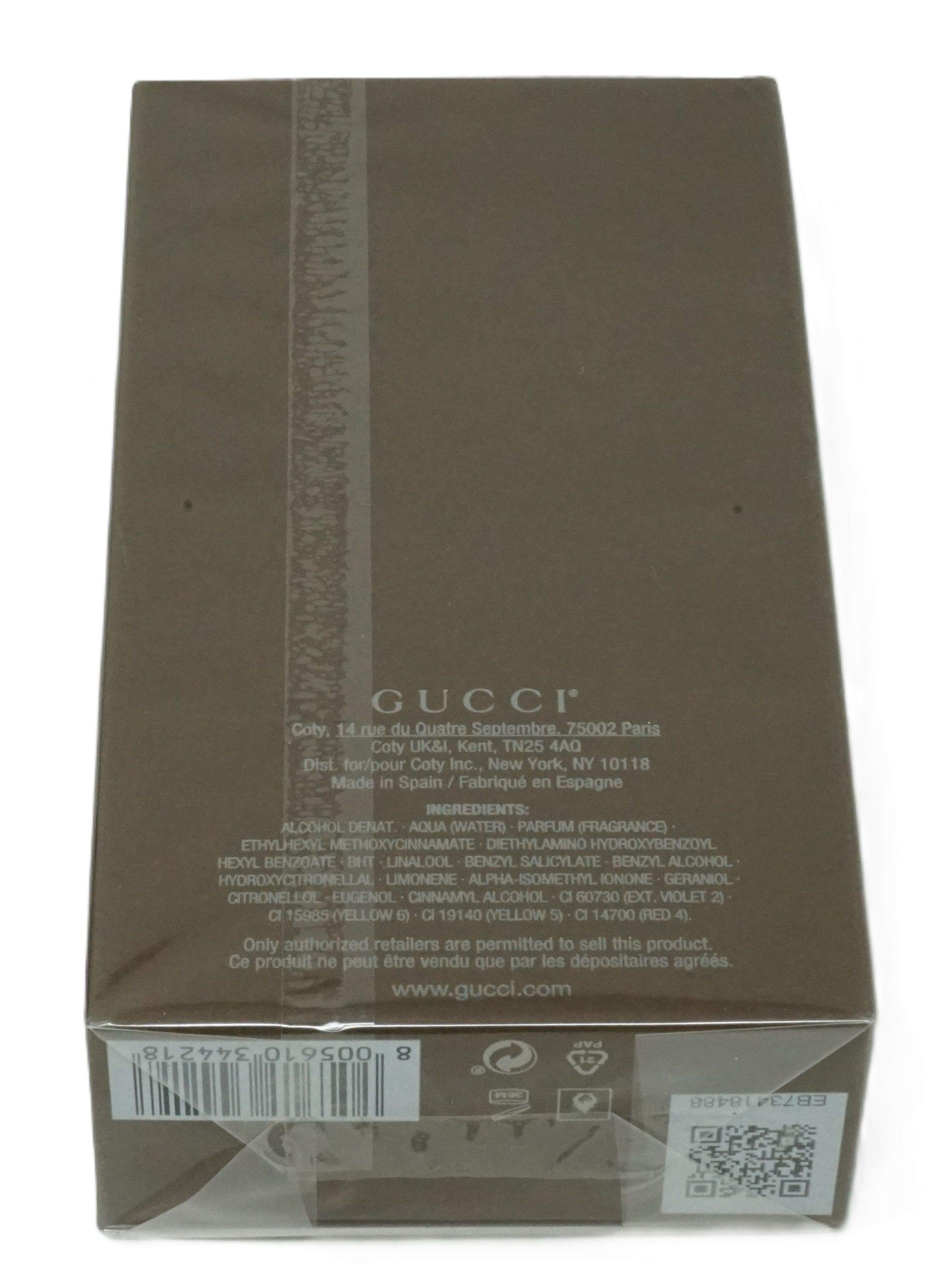 Gucci Guilty Absolute Pour Homme Eau De Parfum. Braune Verpackung, Text und Barcode. Herstellerinformationen und QR-Code.