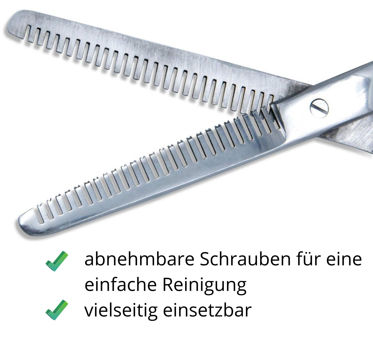 Nahaufnahme einer Effilierschere. Gezahnte Klingen. Text: Abnehmbare Schrauben für einfache Reinigung, vielseitig einsetzbar.