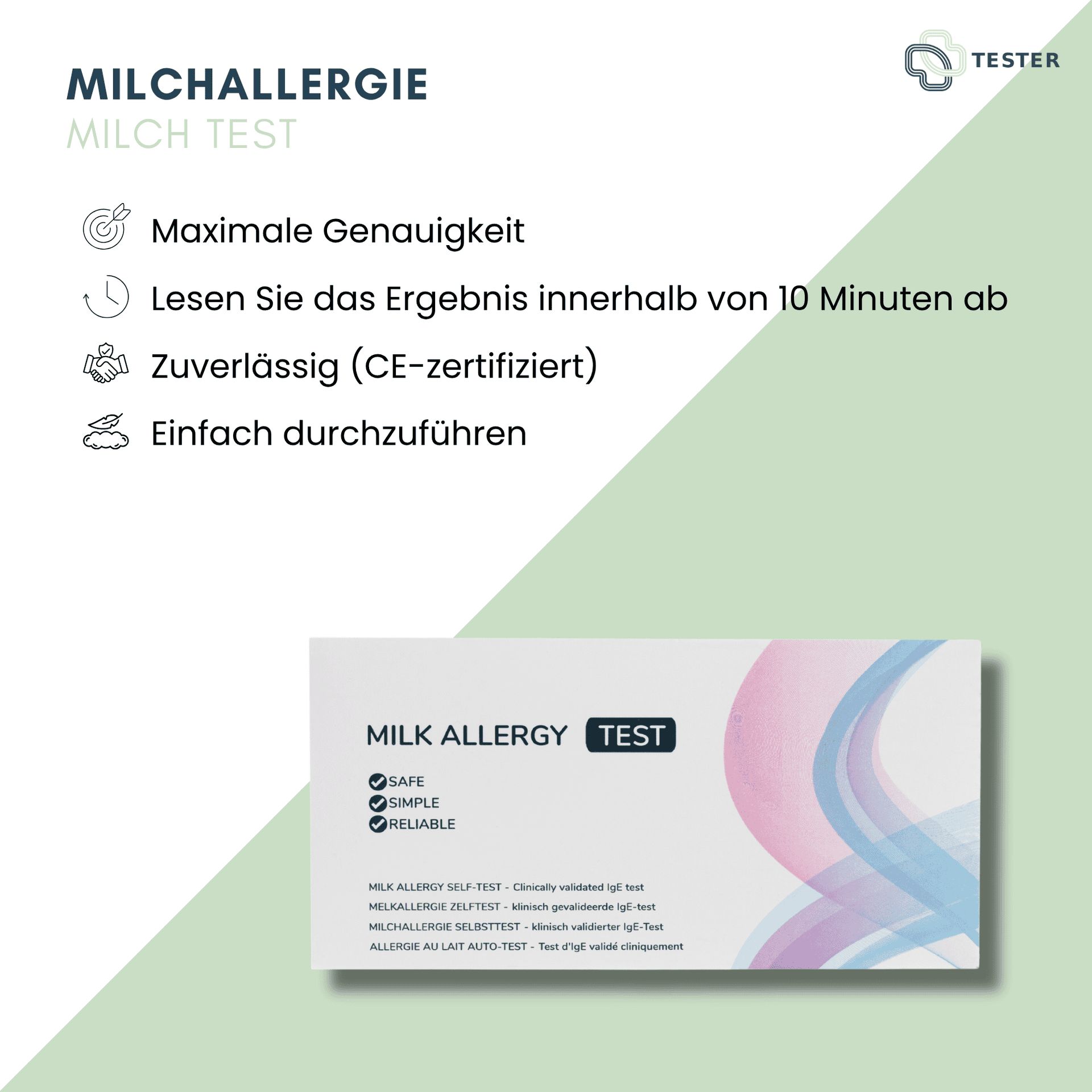 Milchallergie Test-Kit mit Testkassette, Pipette, Lanzette und Probenröhrchen.