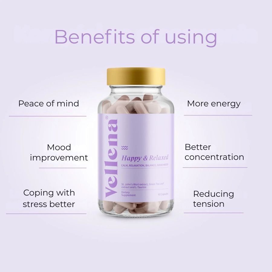 Glasflasche mit Kapseln. Aufschrift: Vellena Happy & Relaxed. Vorteile: Seelenfrieden, bessere Stimmung, mehr Energie, bessere Konzentration, Stressbewältigung, Spannungsabbau.